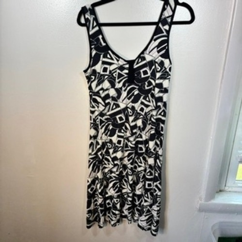 Vintage Y2K Geometric Print Mini Dress Sz L Black White Abstract‎ Stretch